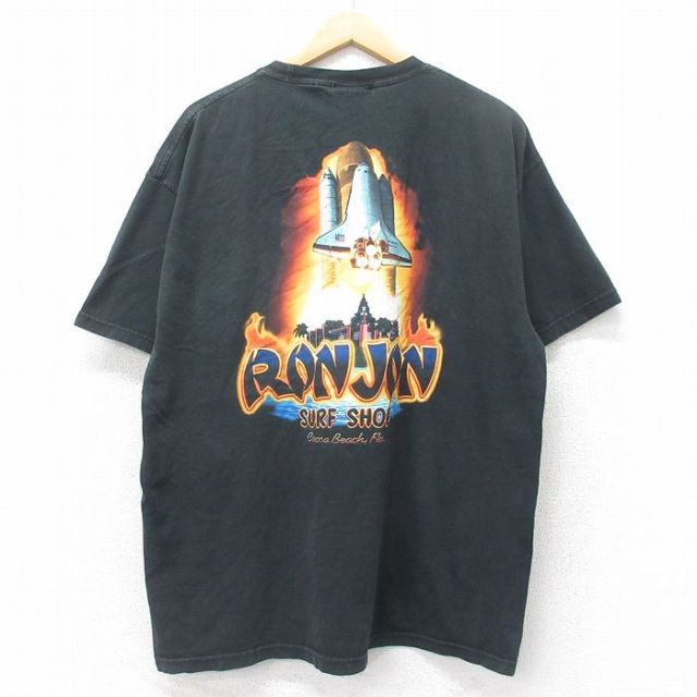 XL★古着 ロンジョン 半袖 ビンテージ Tシャツ メンズ 00年代 00s スペースシャトル 胸ポケット付き コットン クルーネック 黒 ブラック 25jul26 中古