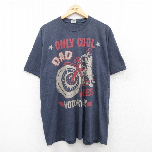半袖Tシャツ MOTORCYCLEプリント 霜降り ネイビー XL | 古着
