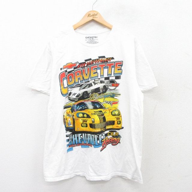 XL★古着 半袖 Tシャツ メンズ レーシングカー シボレー コットン クルーネック 白 ホワイト 25jul26 中古