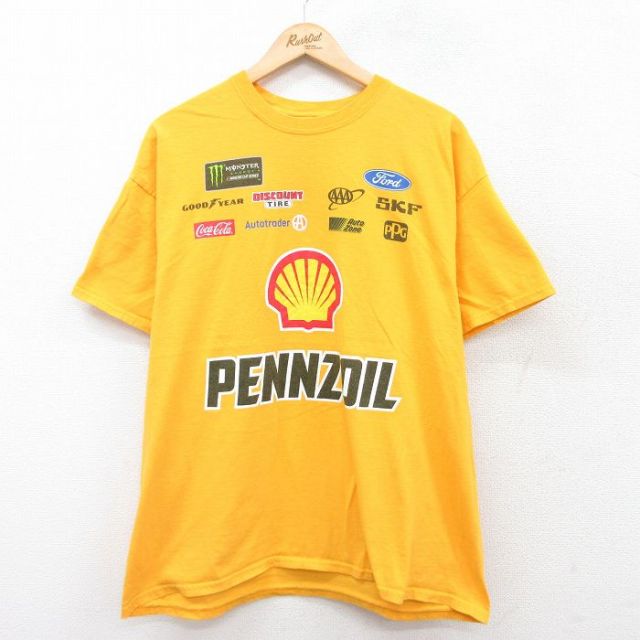 XL★古着 半袖 Tシャツ メンズ シェル PENZOIL コットン クルーネック 黄 イエロー 25jul26 中古