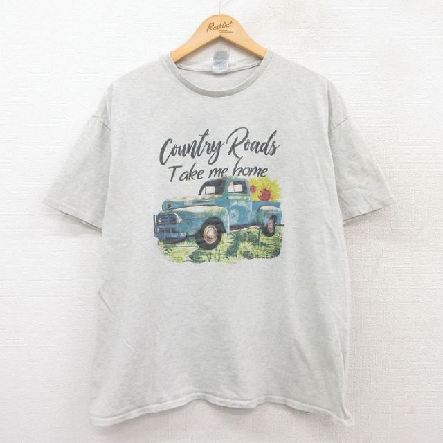 XL★古着 半袖 Tシャツ メンズ 車 花 大きいサイズ クルーネック 薄グレー 霜降り 25jul29 中古