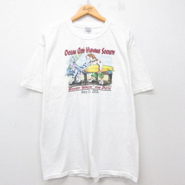 XL★古着 半袖 ビンテージ Tシャツ メンズ 00年代 00s 犬 ネコ サーフィン 企業広告 コットン クルーネック 白 ホワイト 25jul31 中古