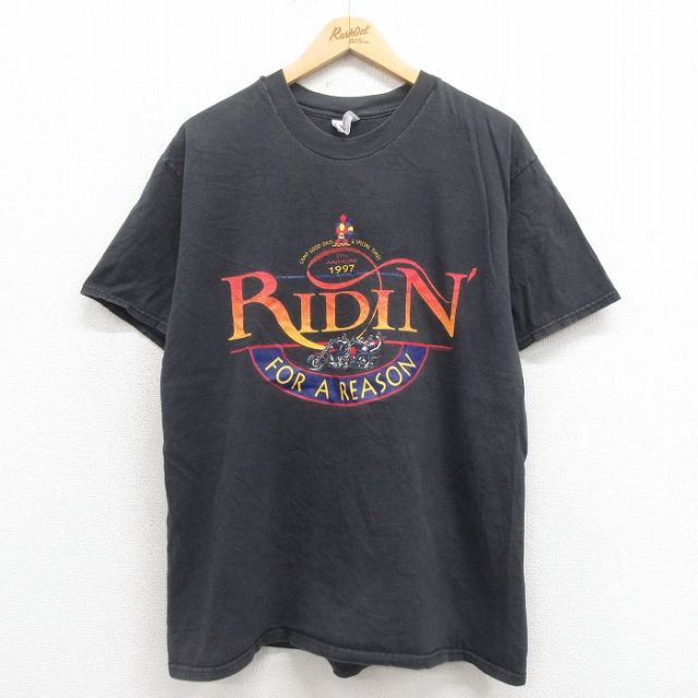 【50%OFF】L★古着 ヘインズ Hanes 半袖 ビンテージ Tシャツ メンズ 90年代 90s RIDIN バイク コットン クルーネック 黒 ブラック 25aug05 中古