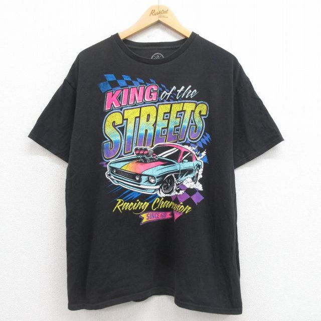 XL★古着 半袖 Tシャツ メンズ レーシングカー コットン クルーネック 黒 ブラック 25aug06 中古