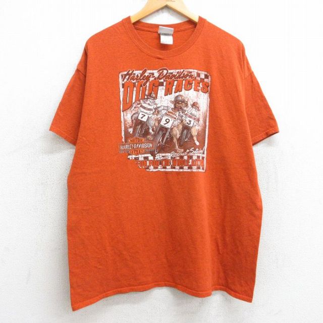 【20%OFF】XL★古着 ハーレーダビッドソン Harley Davidson 半袖 Tシャツ メンズ バイク 犬 ジェームスタウン クルーネック オレンジ 【spe】 25aug07 中古