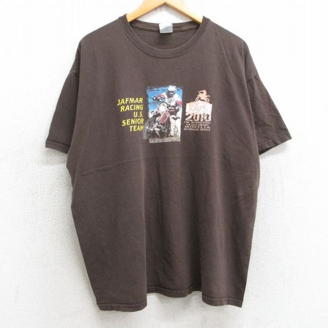 【50%OFF】XL★古着 半袖 Tシャツ メンズ バイク レーシング 企業広告 コットン クルーネック 茶 ブラウン 【spe】 25aug07 中古