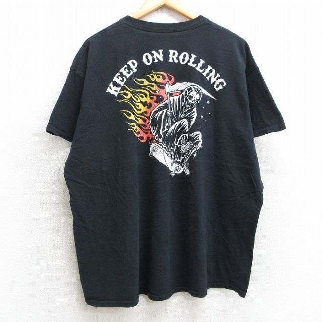 XL★古着 半袖 Tシャツ メンズ 死神 スケボー 大きいサイズ コットン クルーネック 黒 ブラック 25aug07 中古