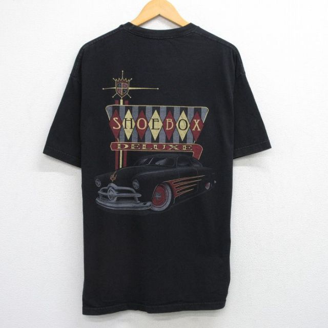 【50%OFF】XL★古着 半袖 Tシャツ メンズ 車 SHOEBOX 大きいサイズ コットン クルーネック 黒 ブラック 25aug21 中古