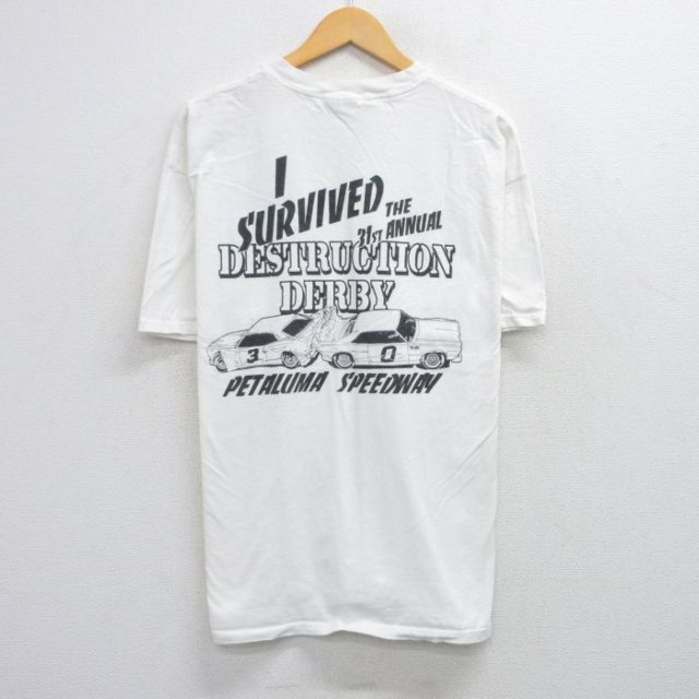 【50%OFF】XL★古着 ヘインズ Hanes 半袖 ビンテージ Tシャツ メンズ 00年代 00s レーシングカー コットン クルーネック 白 ホワイト 25aug21 中古