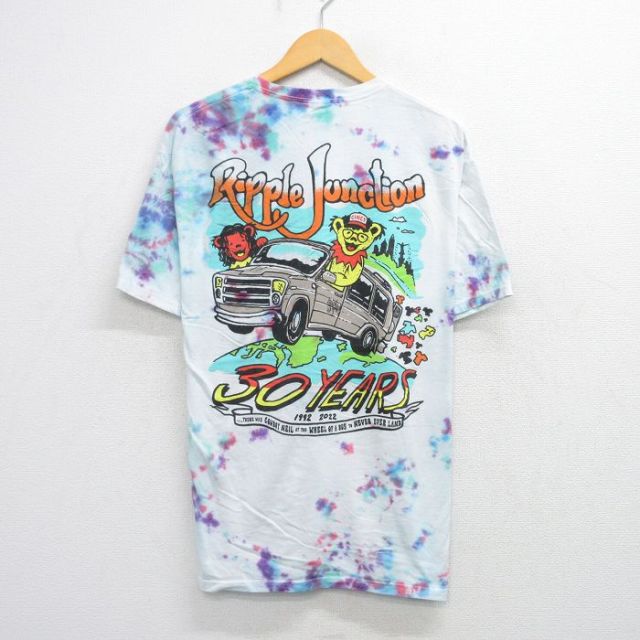 XL★古着 半袖 Tシャツ メンズ 車 クマ Ripple Junction コットン クルーネック 白他 ホワイト タイダイ 25aug21 中古