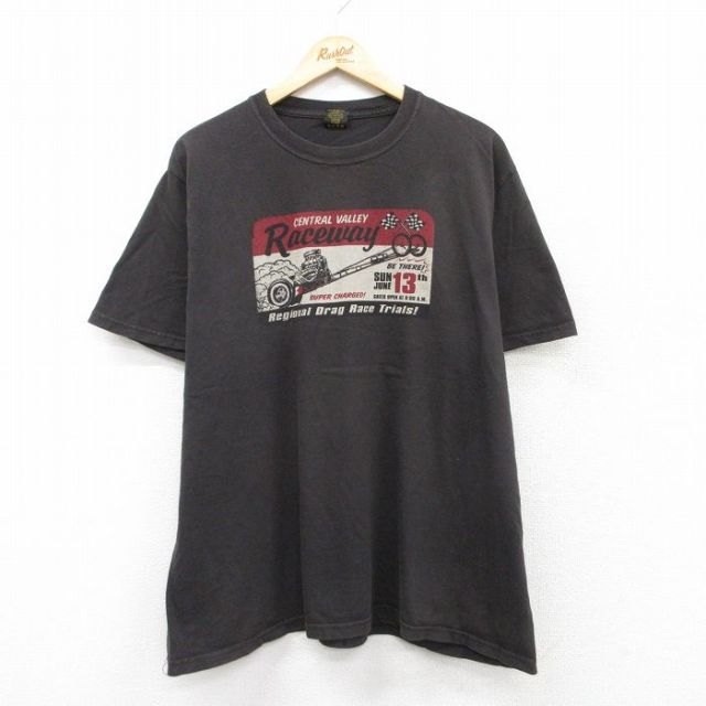 【20%OFF】XL★古着 ラッキーブランド Lucky Brand 半袖 ビンテージ Tシャツ メンズ 00年代 00s レースウェイ 大きいサイズ コットン クルーネック USA製 こげ茶 ブラウン 25aug22 中古