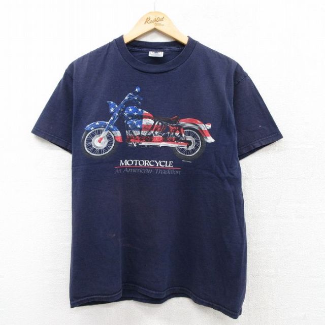 【50%OFF】L★古着 半袖 ビンテージ Tシャツ メンズ 90年代 90s バイク コットン クルーネック 紺 ネイビー 25aug22 中古