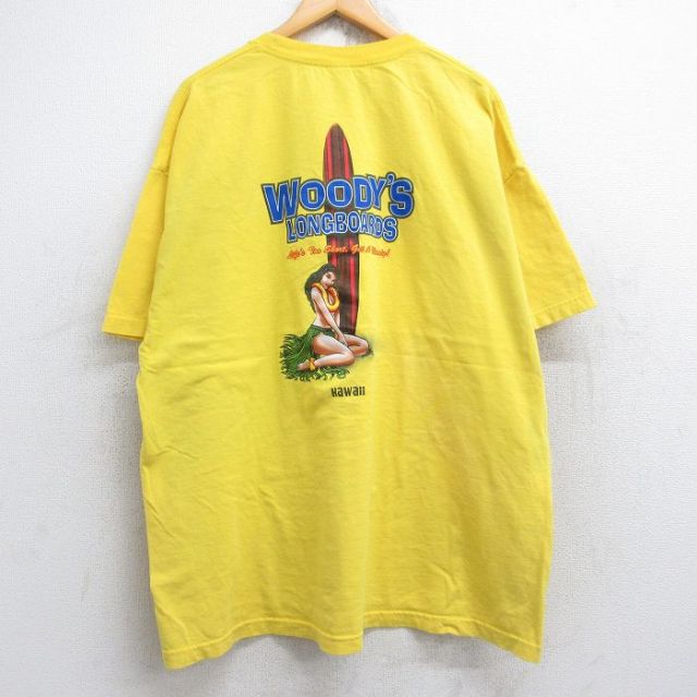 XL★古着 半袖 Tシャツ メンズ サーフボード 女性 大きいサイズ コットン クルーネック 黄色 イエロー 25aug22 中古