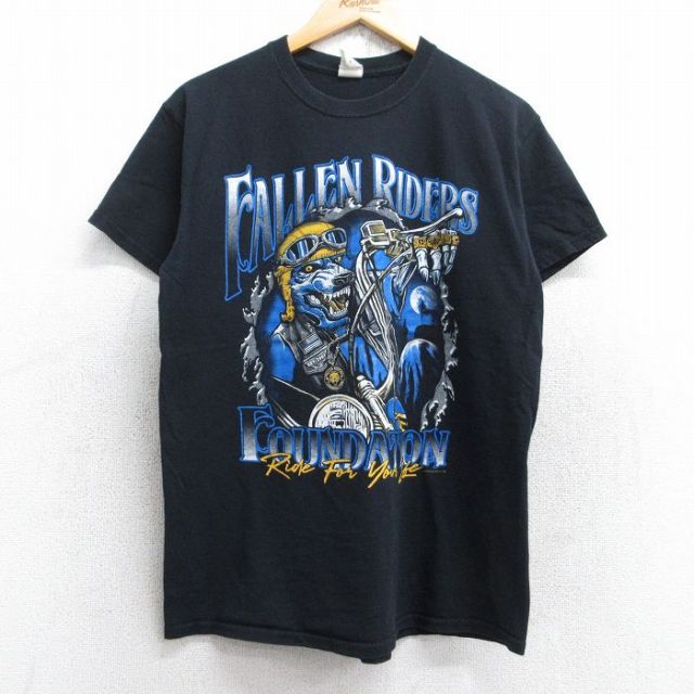 【50%OFF】M★古着 半袖 ビンテージ Tシャツ メンズ 00年代 00s バイク オオカミ コットン クルーネック 黒 ブラック 25aug22 中古