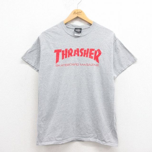 M★古着 スラッシャー 半袖 Tシャツ メンズ ビッグロゴ クルーネック グレー 霜降り 25aug22 中古