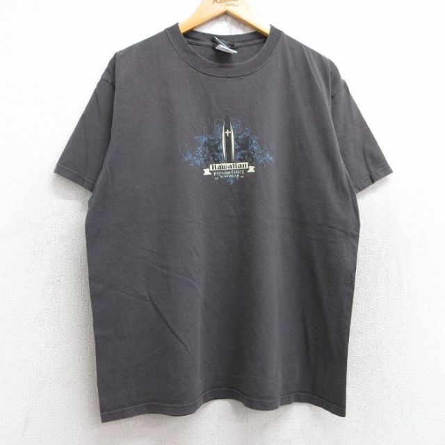 L★古着 半袖 ビンテージ Tシャツ メンズ 00年代 00s サーフボード ハワイアン コットン クルーネック 濃グレー 25aug23 中古
