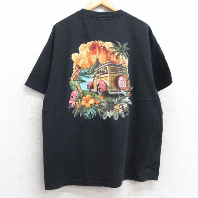 XL★古着 半袖 Tシャツ メンズ 車 ハイビスカス フラダンス 胸ポケット付き コットン クルーネック 黒 ブラック 25aug23 中古