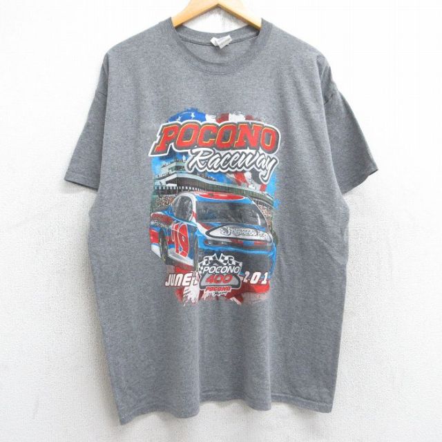 XL★古着 半袖 Tシャツ メンズ レーシングカー ポコノ クルーネック グレー 霜降り 25aug23 中古