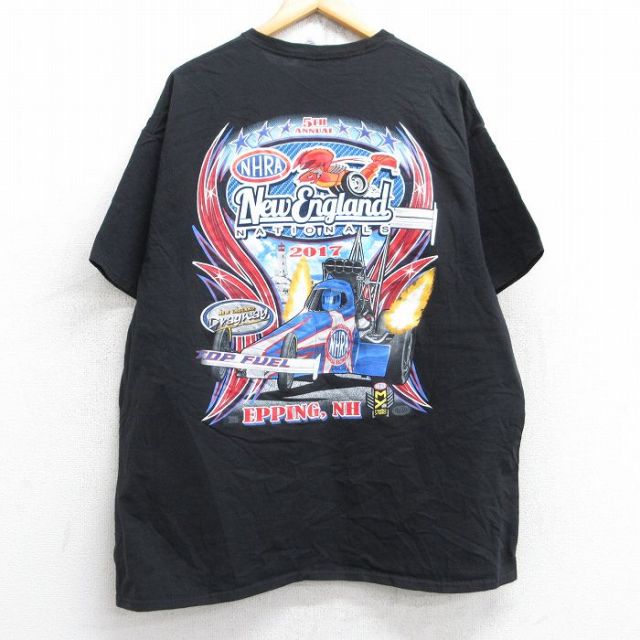 XL★古着 半袖 Tシャツ メンズ レーシングカー ニューイングランド 大きいサイズ コットン クルーネック 黒 ブラック 25aug29 中古