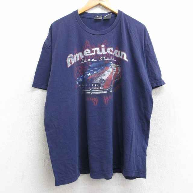 【50%OFF】XL★古着 半袖 Tシャツ メンズ 車 アメリカン 大きいサイズ コットン クルーネック 紺 ネイビー 25aug29 中古
