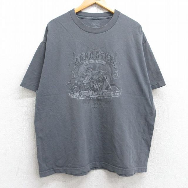 XL★古着 半袖 Tシャツ メンズ バイク スケルトン LONESTAR コットン クルーネック 濃グレー 25aug29 中古
