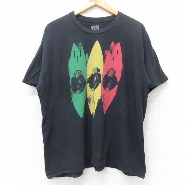 XL★古着 HANG TEN 半袖 Tシャツ メンズ サーフボード サル 大きいサイズ コットン クルーネック 黒 ブラック 25aug29 中古
