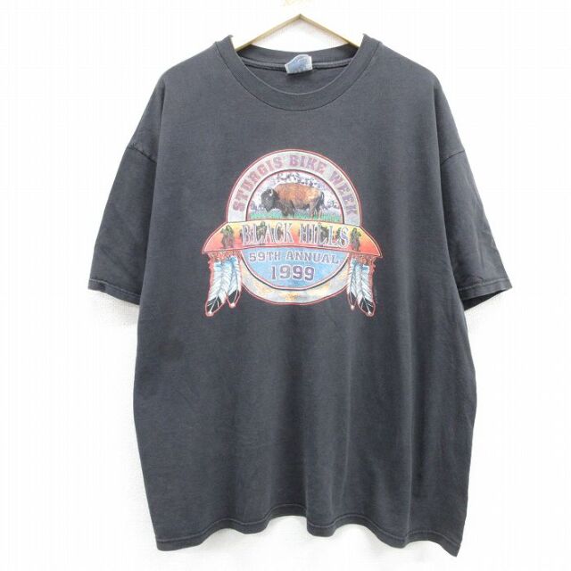 XL★古着 ヘインズ 半袖 ビンテージ Tシャツ メンズ 90年代 90s スタージス BLACK HILLS 大きいサイズ コットン クルーネック ブラック【spe】 26jul08