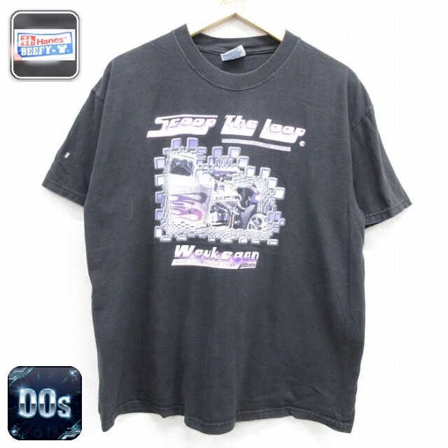 ヘインズ 00s 半袖Tシャツ SCOOP THE LOOPホットロッド ブラック メンズL相当 | 古着