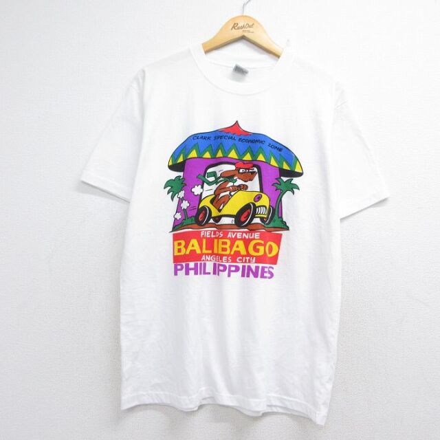 バリバゴ 半袖Tシャツ 犬 車 ホワイト メンズXL相当 | 古着