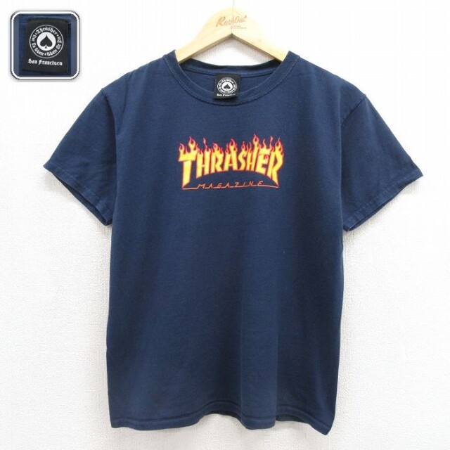 スラッシャー 半袖 Tシャツ ボーイズ ビッグロゴ コットン クルーネック ネイビー M キッズ | 古着