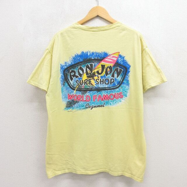 XL★古着 ロンジョン 半袖 Tシャツ メンズ サーフィン コットン クルーネック イエロー 26jul15