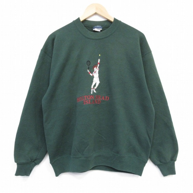 L★古着 長袖 スウェット メンズ 90年代 90s テニス 刺繍 クルーネック USA製 濃緑 25nov11