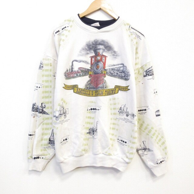 【20%OFF】XL★古着 ART UNLIMITED 長袖 スウェット メンズ 90年代 90s 汽車 大きいサイズ クルーネック USA製 薄ベージュ【spe】 25nov11