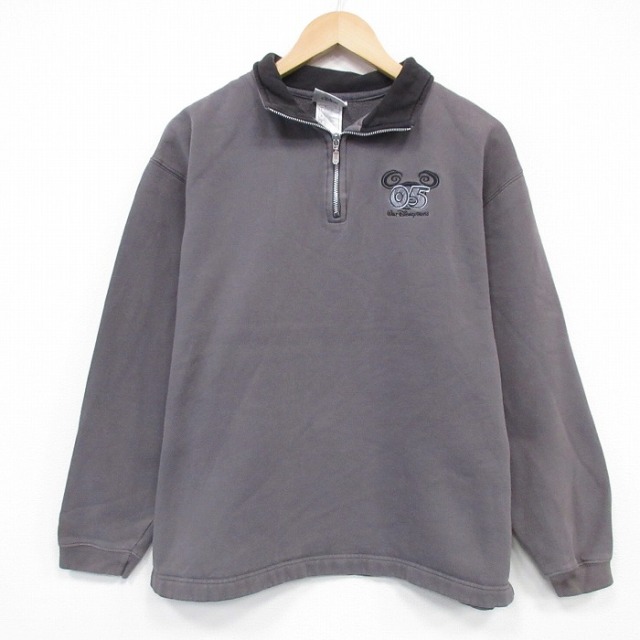 L★古着 長袖 ハーフジップ スウェット メンズ 00年代 00s ディズニー 濃グレー 26jan26