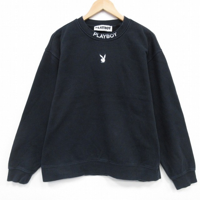 XL★古着 プレイボーイ 長袖 スウェット メンズ ワンポイントロゴ クルーネック 黒 26jan26