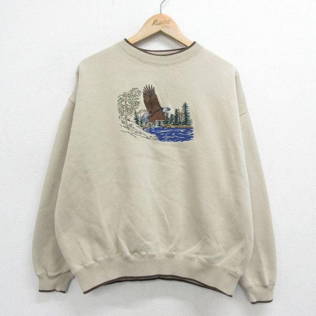 XL★古着 長袖 スウェット メンズ 00年代 00s ワシ 刺繍 大きいサイズ クルーネック ベージュ カーキ 24feb06 中古 スエット トレーナー トップス