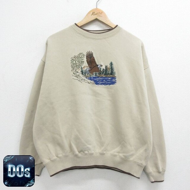 【50%OFF】XL★古着 長袖 スウェット メンズ 00年代 00s ワシ 刺繍 大きいサイズ クルーネック ベージュ カーキ 24feb06 中古 スエット トレーナー トップス