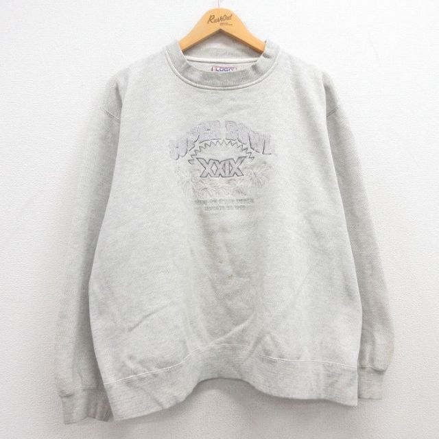 XL★古着 長袖 スウェット メンズ 90年代 90s スーパーボウル ヤシの木 刺繍 大きいサイズ クルーネック 薄グレー 霜降り 【spe】 24mar02 中古 スエット トレーナー トップス
