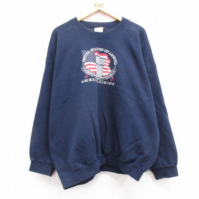 XL★古着 長袖 スウェット メンズ 00年代 00s 星条旗 ビル 大きいサイズ クルーネック 紺 ネイビー 24may08 中古 スエット トレーナー トップス