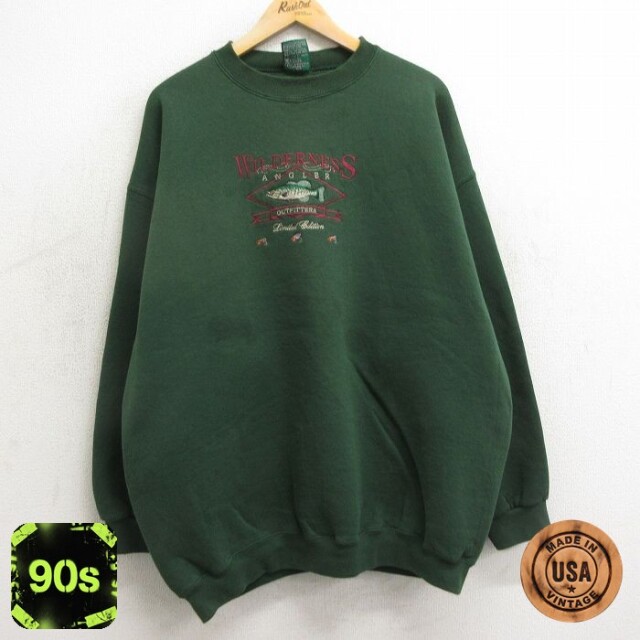 90s 長袖スウェット 魚刺繍 グリーン XL | 古着