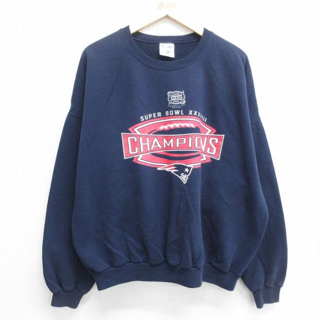 XL★古着 ジャージーズ 長袖 スウェット メンズ 00年代 00s NFL ニューイングランドペイトリオッツ 大きいサイズ クルーネック 紺 ネイビー アメフト スーパーボウル 24may11 中古 スエット トレーナー トップス