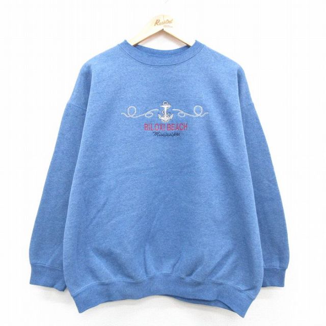 XL★古着 長袖 スウェット メンズ 90年代 90s ビロクシビーチ イカリ クルーネック USA製 薄紺 ネイビー 霜降り 24aug30 中古 スエット トレーナー トップス