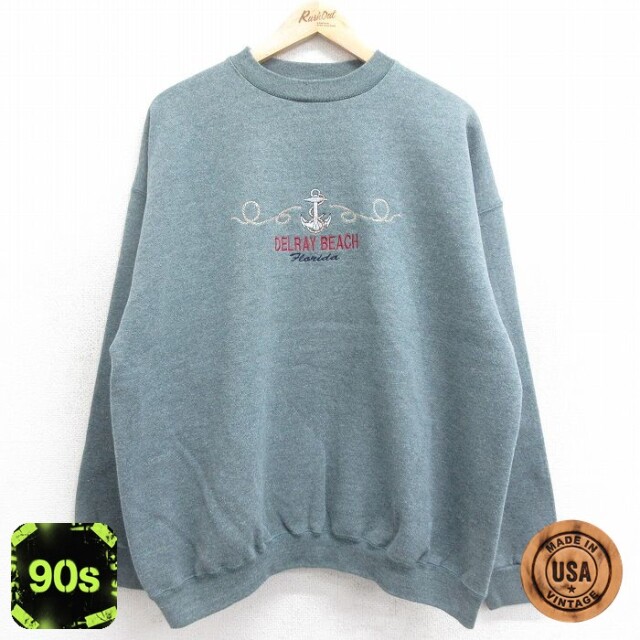 TULTEX 90s 長袖スウェット イカリDELRAYBEACH刺繍 グリーン XL | 古着