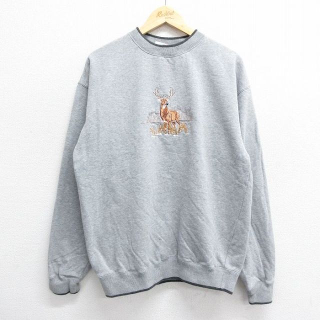 XL★古着 長袖 スウェット メンズ 00年代 00s シカ 刺繍 クルーネック グレー他 霜降り 24sep05 中古 スエット トレーナー トップス