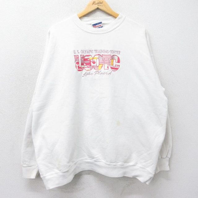 XL★古着 ヘインズ Hanes 長袖 スウェット メンズ 90年代 90s USTOC 刺繍 大きいサイズ クルーネック USA製 白 ホワイト 24sep10 中古 スエット トレーナー トップス