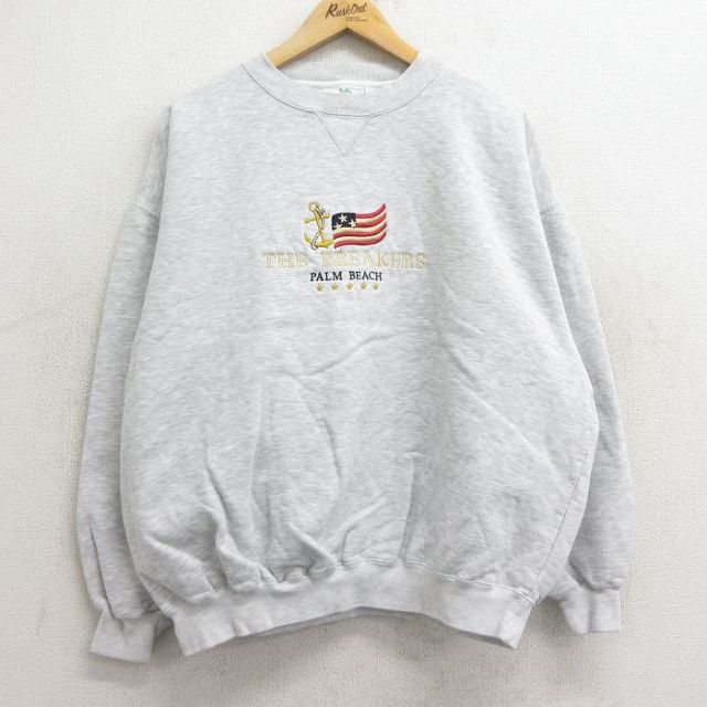 XL★古着 長袖 スウェット メンズ 90年代 90s 星条旗 BREAKERS 刺繍 大きいサイズ クルーネック 薄グレー 霜降り 24sep17 中古 スエット トレーナー トップス