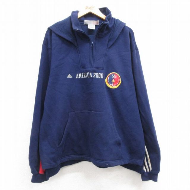 【50%OFF】XL★古着 アディダス adidas 長袖 ハーフジップ スウェット パーカー メンズ 00年代 00s USAオリンピック 刺繍 大きいサイズ 紺 ネイビー 3本ライン 24nov08 中古 スエット トレーナー トップス