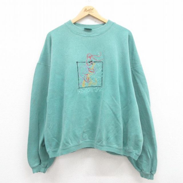【50%OFF】XL★古着 長袖 スウェット メンズ 90年代 90s ニューポート 刺繍 大きいサイズ クルーネック USA製 緑 グリーン 25jul30 中古 スエット トレーナー トップス
