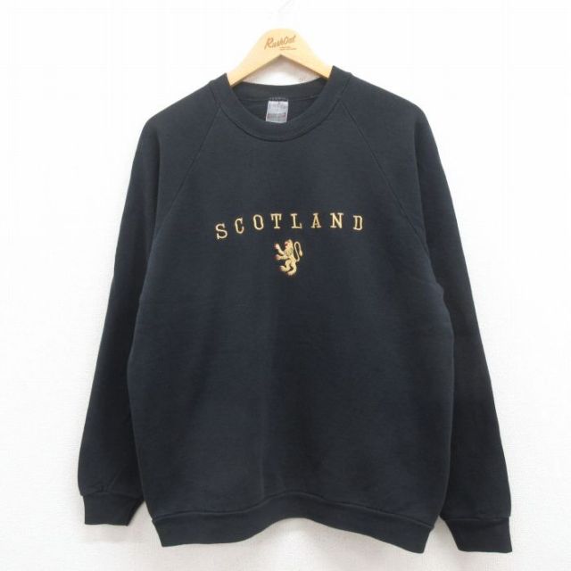 L★古着 スクリーンスターズ 長袖 スウェット メンズ 90年代 90s スコットランド 刺繍 ラグラン クルーネック 黒 ブラック 25jul30 中古 スエット トレーナー トップス