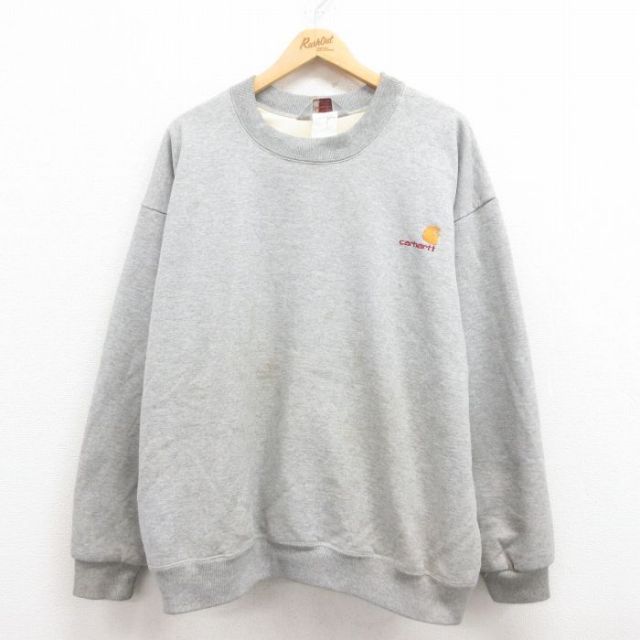 【20%OFF】XL★古着 カーハート Carhartt 長袖 スウェット メンズ 90年代 90s ワンポイントロゴ 大きいサイズ クルーネック USA製 グレー 霜降り 25jul30 中古 スエット トレーナー トップス